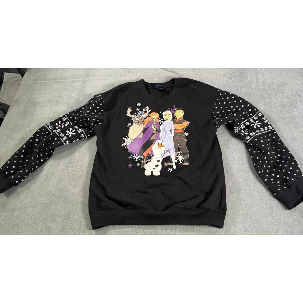 Disney Frozen II Light Up Sweatshirt Girls Medium 7-9 Black Fair Isle Sleeves